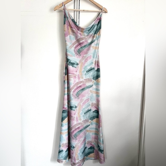 Bebe Watercolor Brush Lurex Gown Shimmery Slip Dress Size Small Party‎ Feminine - Picture 5 of 15